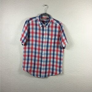 Men's Red and Blue Plaid Shirt Natural Blue ByVisitor Man’s Button Up Size M